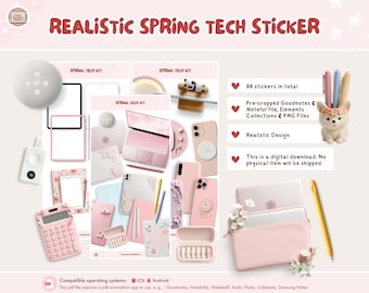 May include: A digital sticker set featuring 88 realistic spring-themed tech stickers. The stickers are pre-cropped for use in Goodnotes and Noteful apps. The set includes a variety of tech items, such as laptops, phones, and calculators, all decorated with pink and white cherry blossoms. The text "REALISTIC SPRING TECH STICKER" is at the top of the image.