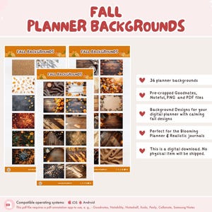 May include: Digital planner backgrounds with a fall theme. The image shows three mockups of planner backgrounds with various autumn-themed designs, including leaves, wood textures, and pumpkins. Text on the image reads "Fall Planner Backgrounds".