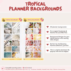 May include: Digital planner backgrounds with a tropical theme. The image shows two sets of backgrounds with various designs, including beach scenes, fruit, and fabric textures. Text on the image reads "Tropical Planner Backgrounds".