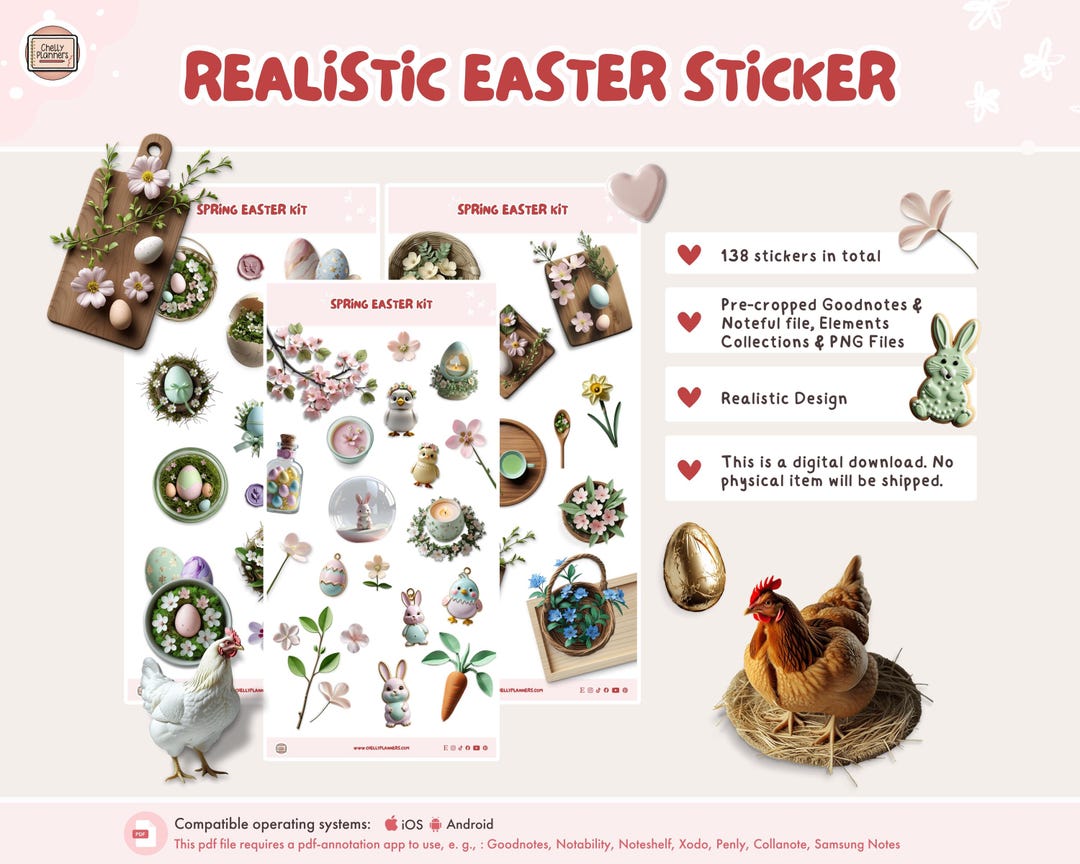 Realistic Spring Easter Stickers, Digital Planner Stickers (PNG ...