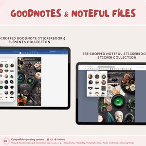 May include: Two tablets showcasing digital sticker collections. One displays a GoodNotes stickerbook with icons and a detailed background. The other shows a Noteful sticker collection with Halloween-themed elements.