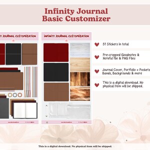 May include: Digital download graphic showcasing journal customisation options. Includes journal covers, pockets, bands, backgrounds, and stickers. The text reads "Infinity Journal Basic Customizer" and "This is a digital download. No physical item will be shipped."