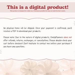 May include: An announcement for a digital product, featuring text in a muted red. The text states "This is a digital product!" and explains the product's digital nature, PDF downloads, and the absence of refunds or returns.