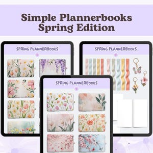 May include: Digital plannerbooks displayed on tablets, showcasing floral designs and spring themes. The tablets feature the text "Spring Plannerbooks" and "Simple Plannerbooks Spring Edition". Accessories like butterfly and flower charms are also visible.
