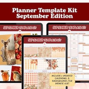 Op de afbeelding: Een planner-sjabloonkit getiteld September Edition met drie tabletschermen die herfstthema-afbeeldingen weergeven, waaronder een hert, honingpot, vogel en seizoenspatronen met ongedateerde kalenders en achtergronden voor oneindig gebruik.
