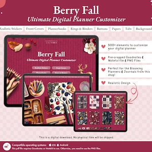 Op de afbeelding: Drie tablets tonen de "Berry Fall" digitale planner customizer. De schermen tonen planner elementen, waaronder stickers, covers en achtergronden. De afbeelding benadrukt functies zoals 500+ elementen, voorgesneden bestanden en realistische ontwerpen.