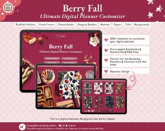 Personalizador del planificador digital Berry Fall, pegatinas digitales (GoodNotes, Noteful, PNG)