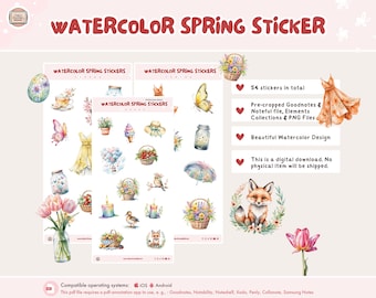 Watercolor Spring Digital Stickers (Goodnotes, Noteful, PNG)