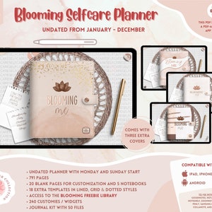Undated Blooming Me Selfcare Planner / Cream, Monday + Sunday Start, Monthly, Weekly, Daily Pages, 30+ Extra Templates / iOS & Android