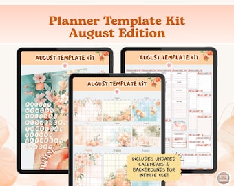 Kit de plantillas digitales para agenda de agosto, pegatinas digitales en formato PNG, para GoodNotes, Noteful y más.