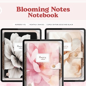 Puede incluir: Cuadernos Blooming Notes en rosa, beige y negro. Cada cuaderno presenta un diseño floral. Los cuadernos están disponibles para los números 1-12 y mensualmente de enero a diciembre.