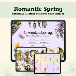 Peut inclure: Trois tablettes affichent un personnalisateur de planificateur numérique avec le texte "Romantic Spring". Les écrans présentent des éléments de planificateur tels que des autocollants, des couvertures et des boutons. Le fond est vert clair avec des motifs floraux.