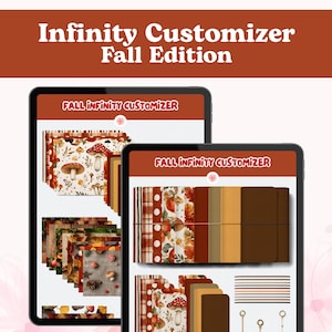 May include: Two tablets displaying the Infinity Customiser Fall Edition, a digital tool featuring various autumn-themed patterns, including mushrooms, leaves, and plaid designs in shades of orange, brown, and cream, with organised colour palettes.