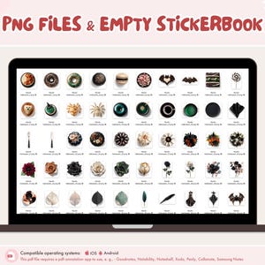 May include: A laptop screen shows PNG files and an empty stickerbook. The screen displays various sticker designs, including donuts, bats, and flowers. The text "PNG FILES & EMPTY STICKERBOOK" is at the top. Compatible operating systems are listed at the bottom.