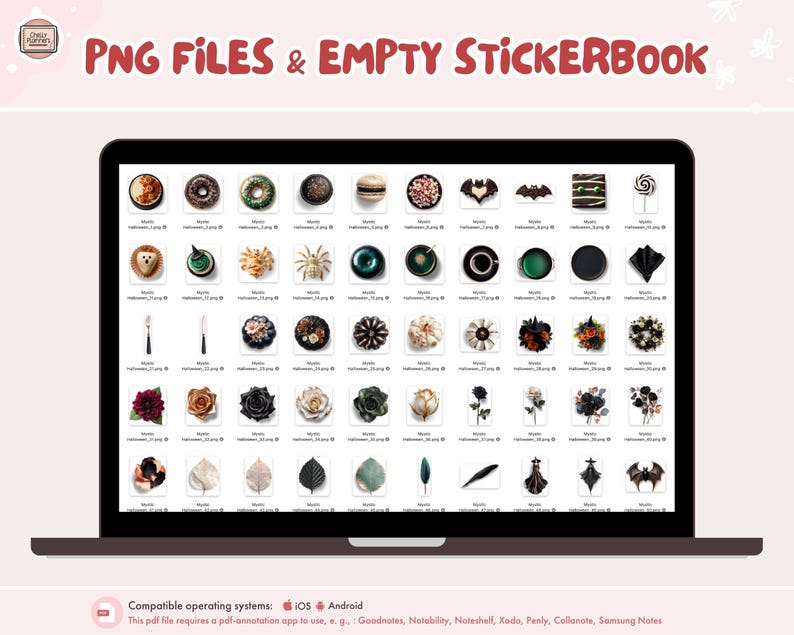 May include: A laptop screen shows PNG files and an empty stickerbook. The screen displays various sticker designs, including donuts, bats, and flowers. The text "PNG FILES & EMPTY STICKERBOOK" is at the top. Compatible operating systems are listed at the bottom.