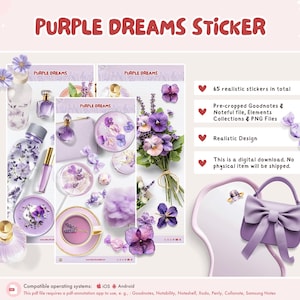Könnte beinhalten: Digitales Sticker-Set mit dem Titel "Purple Dreams" mit verschiedenen lila Elementen. Enthält Sticker von Parfümflaschen, Blumen, einer Teetasse und einer Handtasche. Der Text weist auf 65 realistische Sticker hin, die für die digitale Nutzung vorgeschnitten sind.