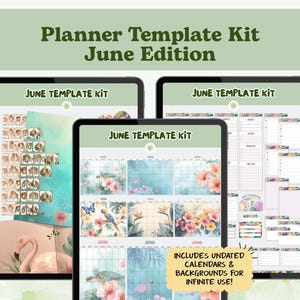 以下が含まれることがあります： 「Planner Template Kit June Edition」と表示された3台のデジタルタブレット。タブレットには、さまざまなプランナーレイアウト、カレンダー、背景が表示され、花柄とトロピカルなテーマが使用されています。「Includes Undated Calendars & Backgrounds For Infinite Use!」というテキストも表示されています。