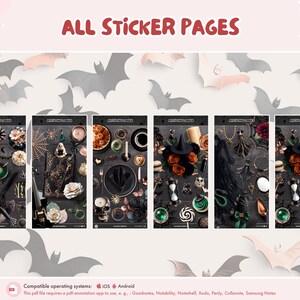 May include: A selection of Halloween sticker pages with a dark, gothic theme. The pages showcase bats, witch hats, roses, and other spooky decorations. The text "ALL STICKER PAGES" is displayed at the top of the image.