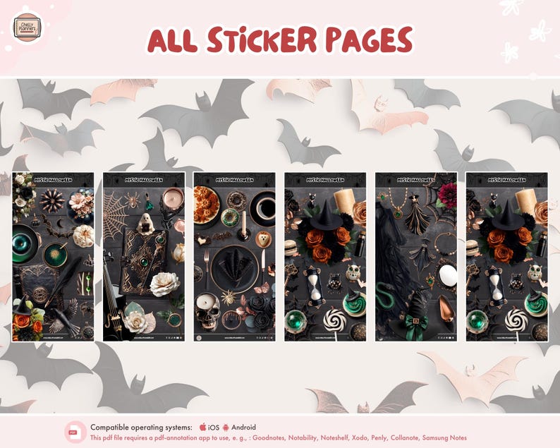 May include: A selection of Halloween sticker pages with a dark, gothic theme. The pages showcase bats, witch hats, roses, and other spooky decorations. The text "ALL STICKER PAGES" is displayed at the top of the image.