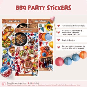 May include: A digital download of BBQ party stickers. The image shows various BBQ-themed stickers, including food, plates, and decorations. Text on the image says "BBQ PARTY STICKERS" and "125 realistic stickers in total."