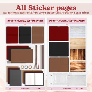 May include: An advertisement for sticker pages with the text "All Sticker pages". The image displays journal customization options, including front covers and leather covers, in red, black, and brown. The text "INFINITY JOURNAL CUSTOMIZATION" is also visible.