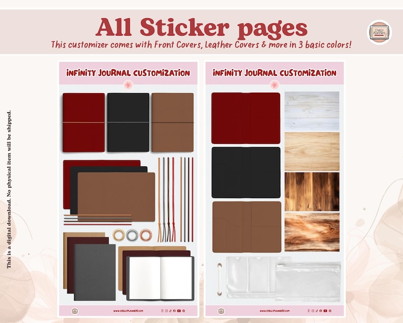 May include: An advertisement for sticker pages with the text "All Sticker pages". The image displays journal customization options, including front covers and leather covers, in red, black, and brown. The text "INFINITY JOURNAL CUSTOMIZATION" is also visible.