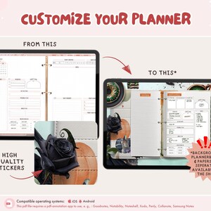 May include: Digital planner image with the text "CUSTOMIZE YOUR PLANNER." It shows a before-and-after comparison of a planner, with the text "HIGH QUALITY STICKERS." The image also includes the text "BACKGROUNDS, PLANNERBOOKS & PAPERS ARE SEPERATELY AVAILABLE IN THE SHOP."