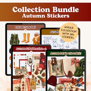 Puede incluir: Un paquete de colección digital de pegatinas de otoño mostrado en cuatro pantallas de tableta. Los gráficos incluyen ilustraciones de mochilas, botas de lluvia, animales del bosque, setas, piñas, libros y follaje con el texto Collection Bundle Autumn Stickers.