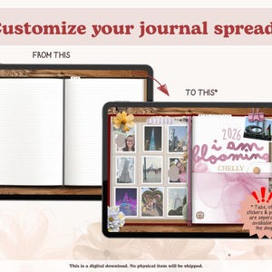 May include: Digital journal spread customisation concept. The image shows a before-and-after comparison of a blank journal and a decorated journal with photos, stickers, and text. The text reads "Customize your journal spread."