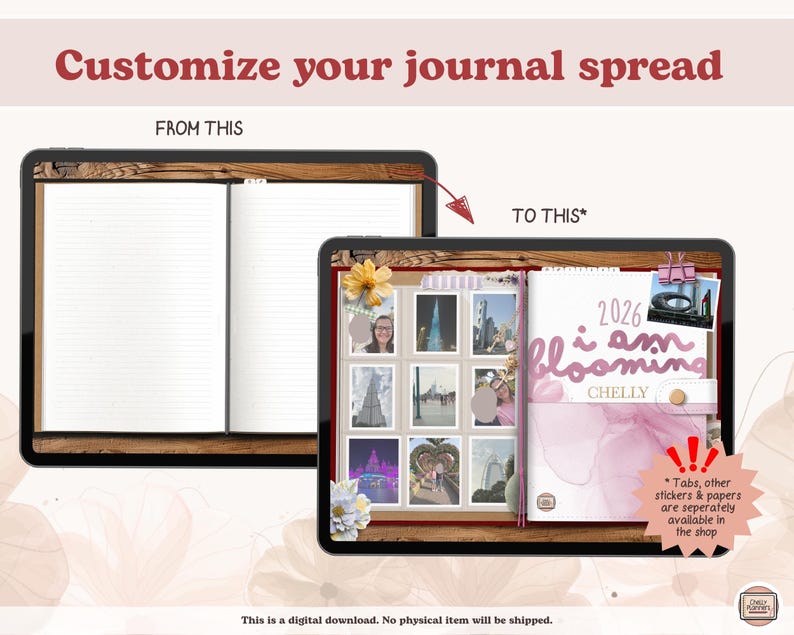 May include: Digital journal spread customisation concept. The image shows a before-and-after comparison of a blank journal and a decorated journal with photos, stickers, and text. The text reads "Customize your journal spread."