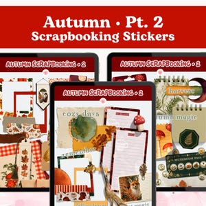May include: Digital scrapbooking stickers titled Autumn Pt. 2 displayed on three tablet screens. The stickers feature autumn-themed graphics including mushrooms, foxes, leaves, pumpkins, and text elements like cozy days, harvest, and autumn magic.