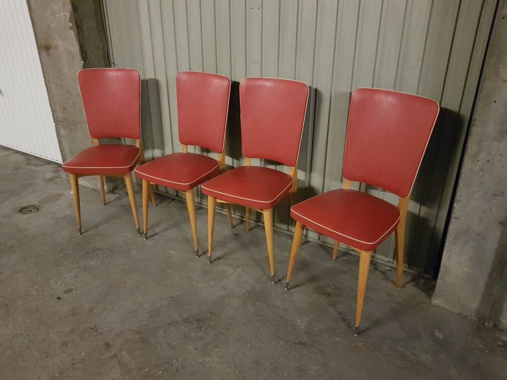 4 Superbes Chaises Vintage Bois et Skaï - Pieds Compas