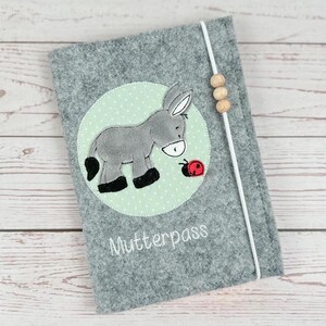Mutterpasshülle bestick mit Esel, Mutterpass Schutz Filzhülle, Mutterpasshülle mit Fach für Ultraschallbilder, Geschenk werdende Mutter