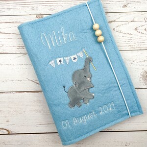 U-Hefthülle Filz Blau Bestickt mit Elefant, Personalisierung von Name & Geburtsdatum, Geschenke zur Geburt