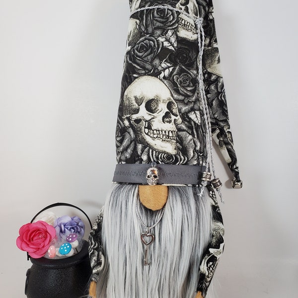 NEW Skulls and Roses Gnomes! Ready for your Goth decor! Wears a silver Skeleton Key necklace or hat skull. Comes with mini cauldron!