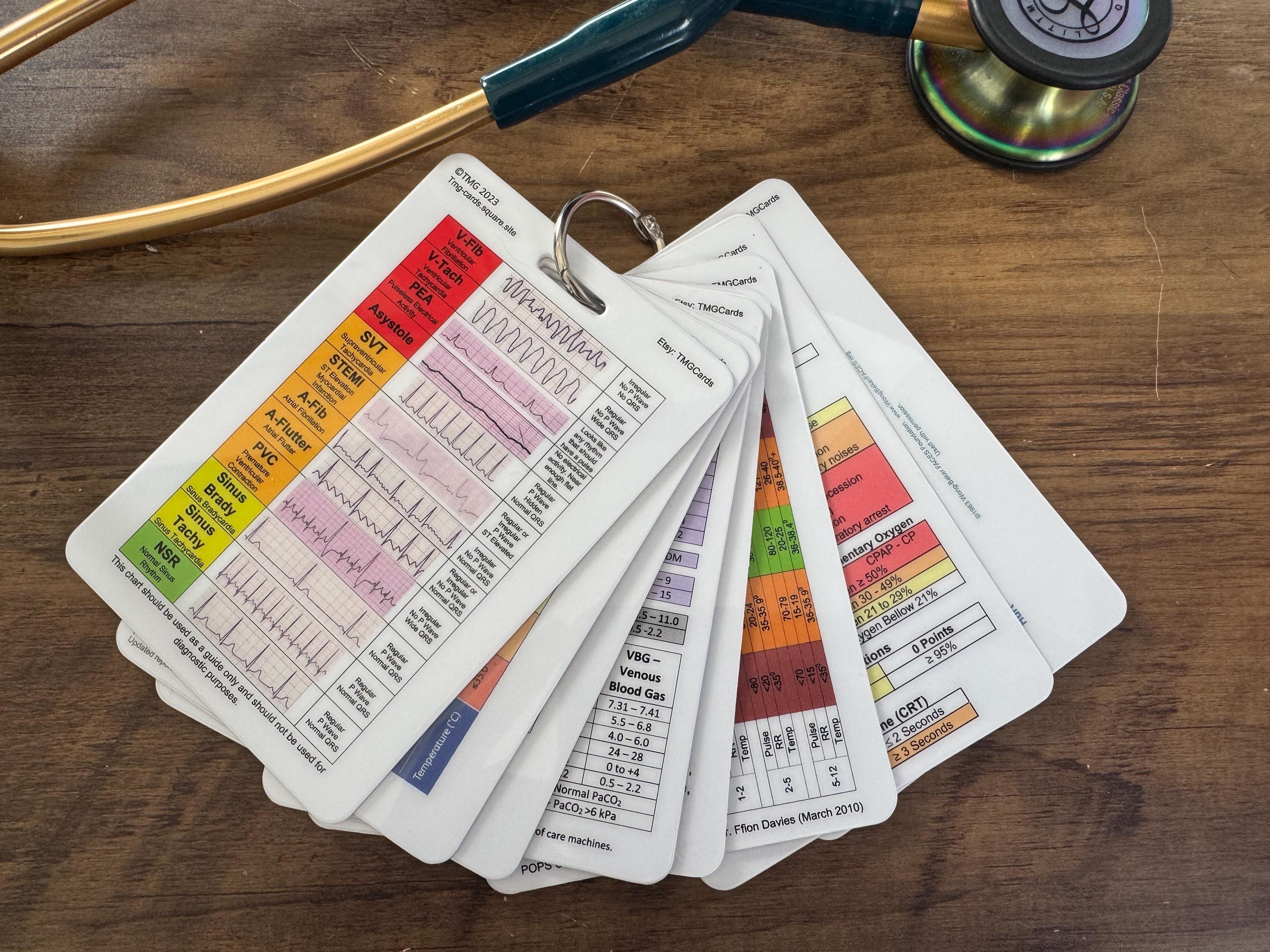Set of 8 Healthcare Educational Pocket Cards for Nurses, Paramedics and Medical Professionals. Durable Bundle for students and professionals