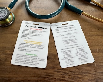 Medication Calculations and Penicillin Allergy Healthcare, Nursing, Medical Pocket Card
