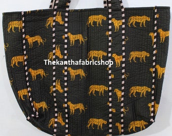 Indian Handmade Tiger Print Cotton Tote Bag, Women Market Shopping Bag, Beach Wear Storage Bag, Travel Bag Summer Bag, Gift For Bridesmaid