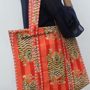 Handmade Cotton Quilted Tote Bag: Tiger Print Reversible Market Bag