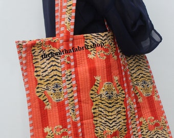 Handmade Cotton Orange Tote Bag, Tiger Print Cotton Bag, Boho Hippie Bag, Indian Tote Bag, #Made By My Designer #Thekanthafabricshop