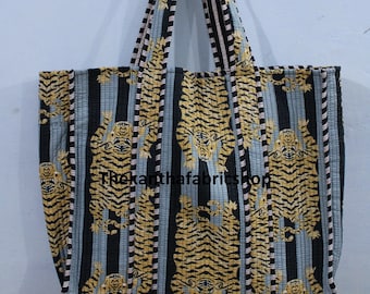 Indian Handmade Blue Tiger Printed Tote Bag, Quilted Cotton Bag, Shopping Bag, Block Printed Tote Bag, #Made By Neha #Thekanthafabricshop
