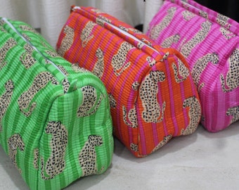 Indian Print Cotton Toiletry Pouch Set: Quilted Cosmetic Bags