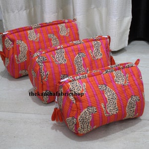 Sac pochette léger en coton imprimé bloc indien, trousse de maquillage pour femme délavé matelassé, trousse à cosmétiques, cadeau d'anniversaire, ensemble de 3 pochettes