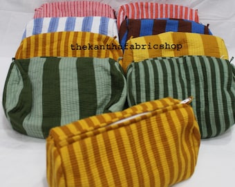 Handmade Indian Striped Printed Cotton Quilted Toiletry Pouch Set: Cosmetic Travel Bag