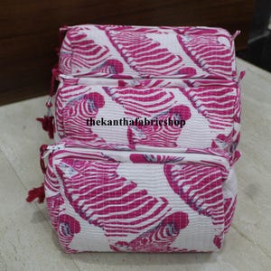 Schöne Rosa Farbe Tier Gedruckt Beutel Set, Indische Baumwolle Kulturbeutel Gesteppte Wash Bag, Jubiläumsgeschenk, Frauen Make-up Kosmetiktaschen