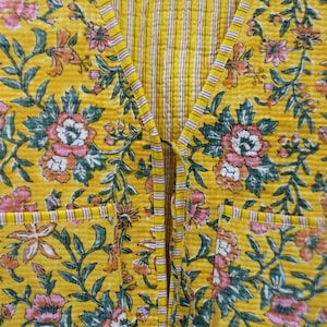 Indian Cotton Quilted Jacket, Cut Sleeves Jacket, Handmade Yellow Short Jacket For Girls, Women Party Wear Jacket Coat, Gift For Birthday