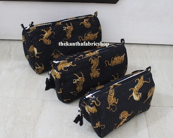 Tiger Print Cosmetic Pouch: Quilted Indian Cotton Makeup Bag