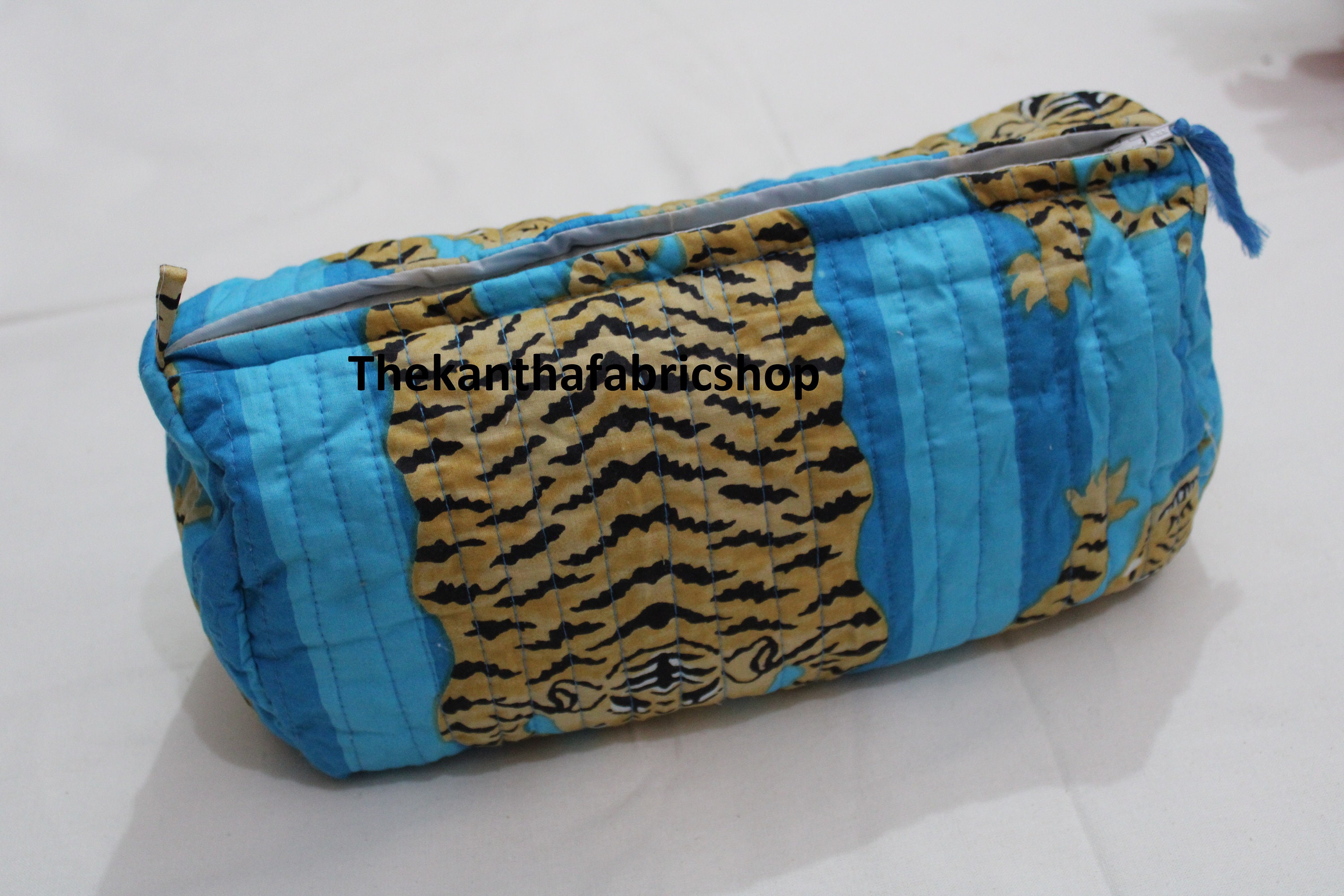 Sac De Toilette Imprimé Tigre Coton Indien - Réversible - Tote - Cadeau Pour Elle