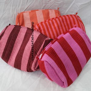 Handmade Stripe Cotton Pouch Set: Quilted Cosmetic & Wash Bag