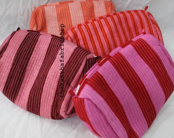 Handmade Stripe Cotton Pouch Set: Quilted Cosmetic & Wash Bag